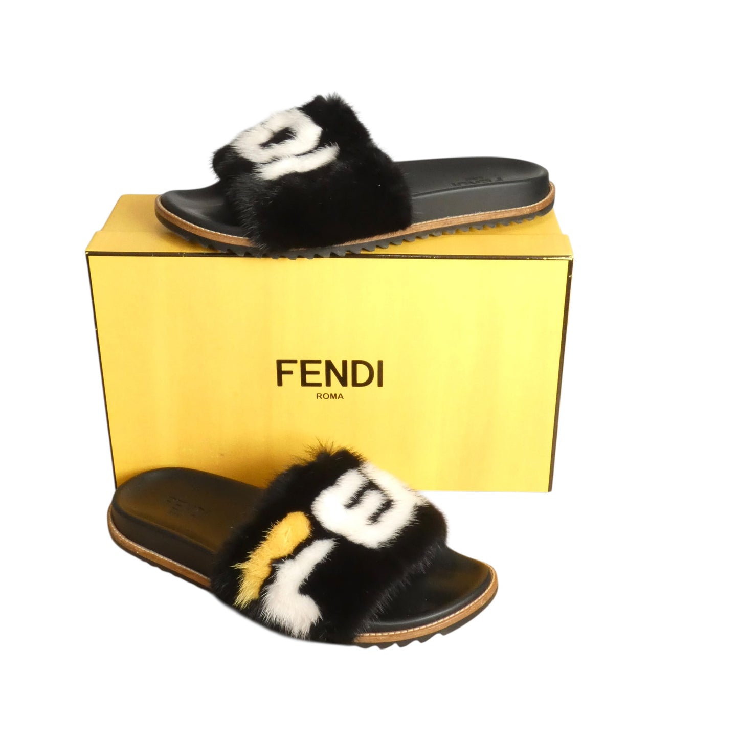FENDI X FILA - 2018 Black Fur Slide Sandals, Size-UK 12