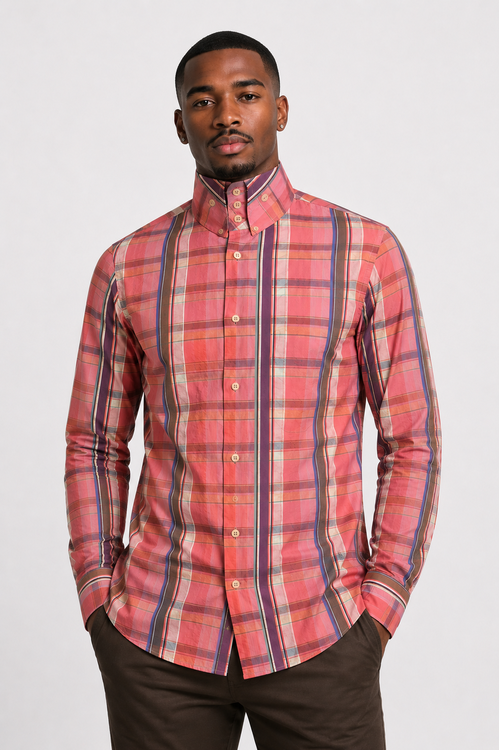 Coral Cotton Plaid Shirt, Size-Large