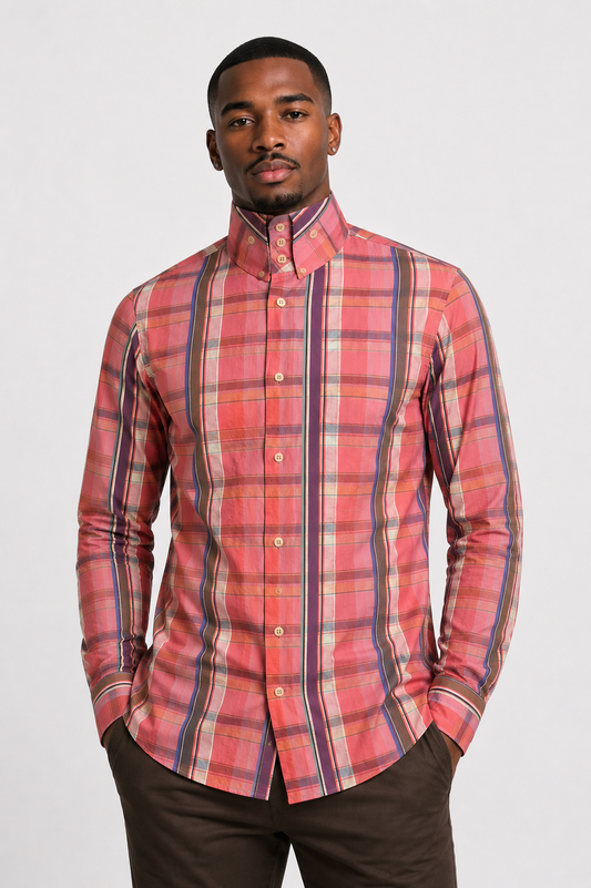 VIVIENNE WESTWOOD - Coral Cotton Plaid Shirt, Size-Large