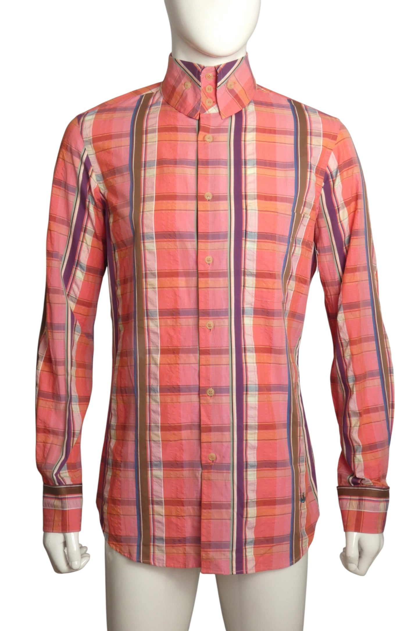Coral Cotton Plaid Shirt, Size-Large