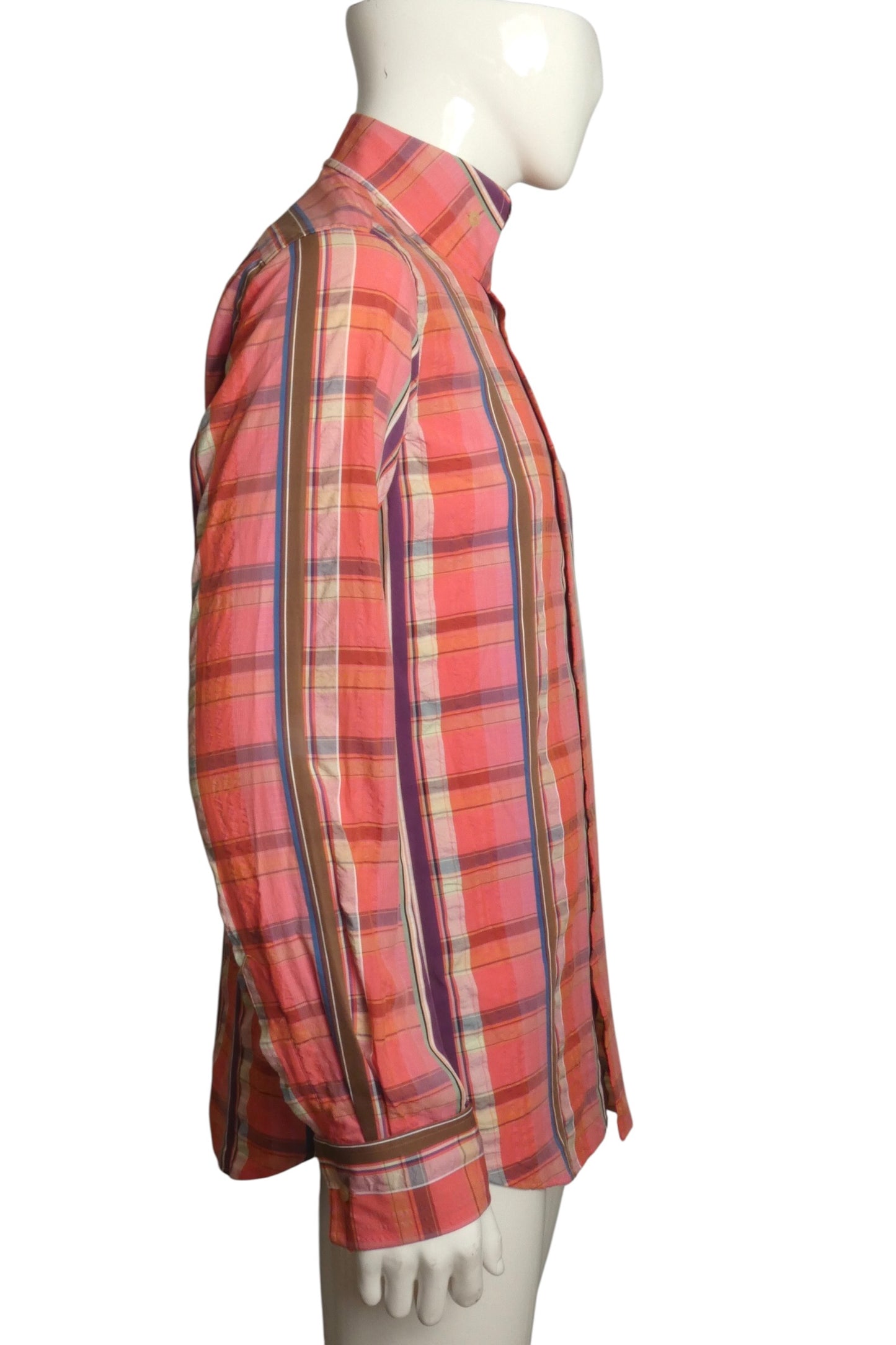Coral Cotton Plaid Shirt, Size-Large