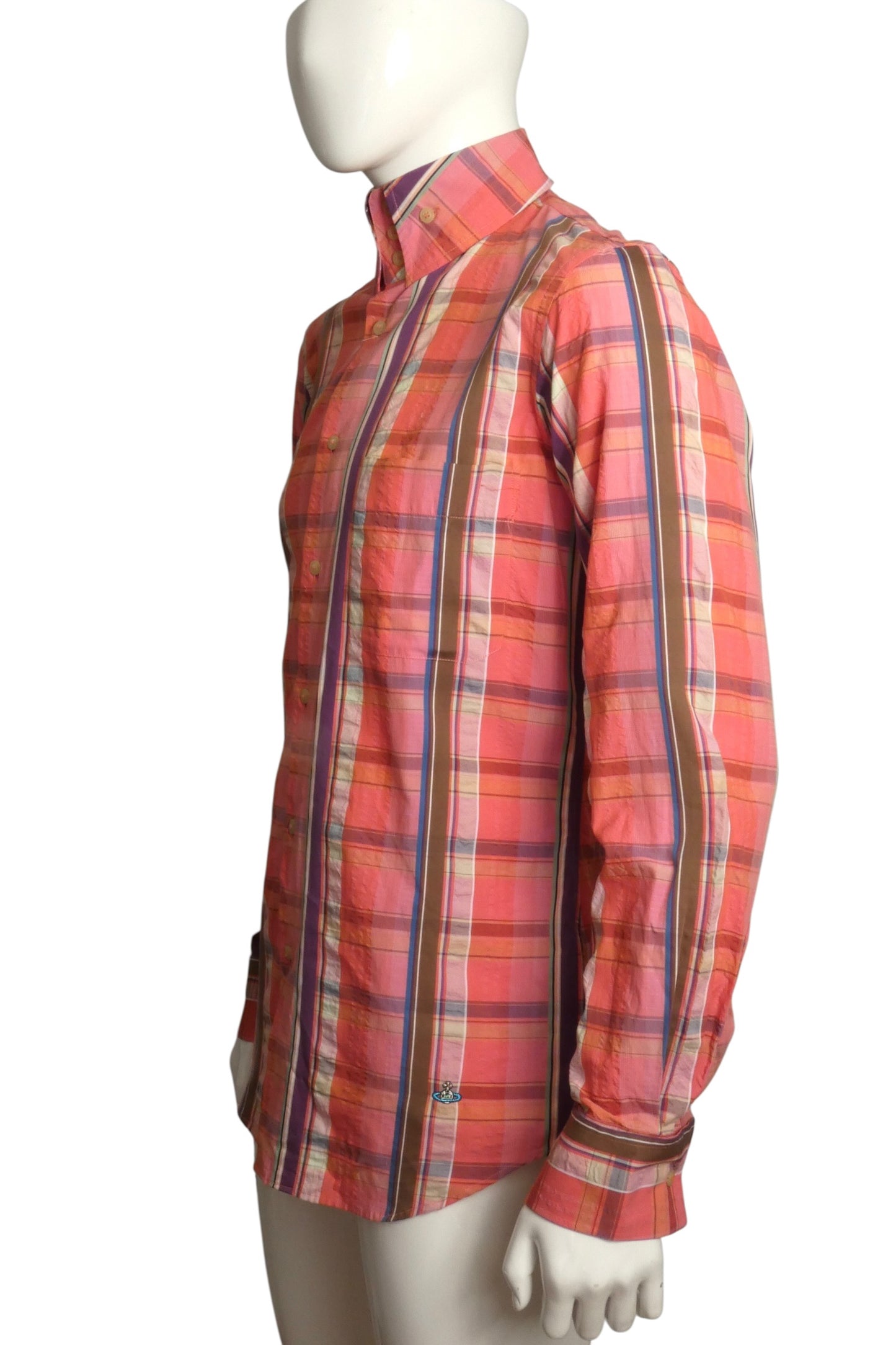 Coral Cotton Plaid Shirt, Size-Large
