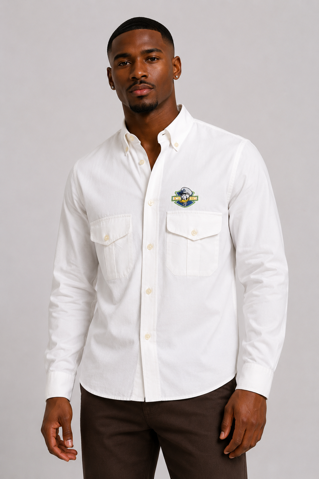 1990s White Cotton "Donald Duck" Oxford Shirt, Size-Medium