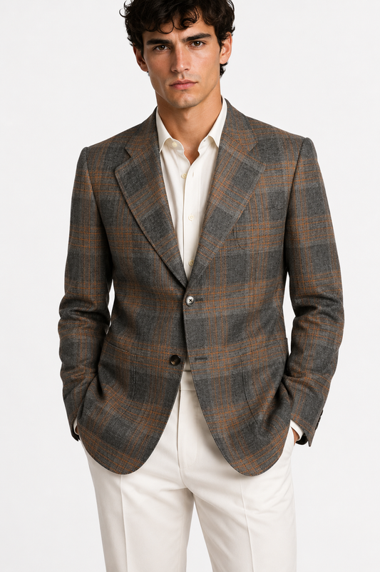 VALENTINO - Grey and Orange Wool Plaid Blazer, Size-XLarge