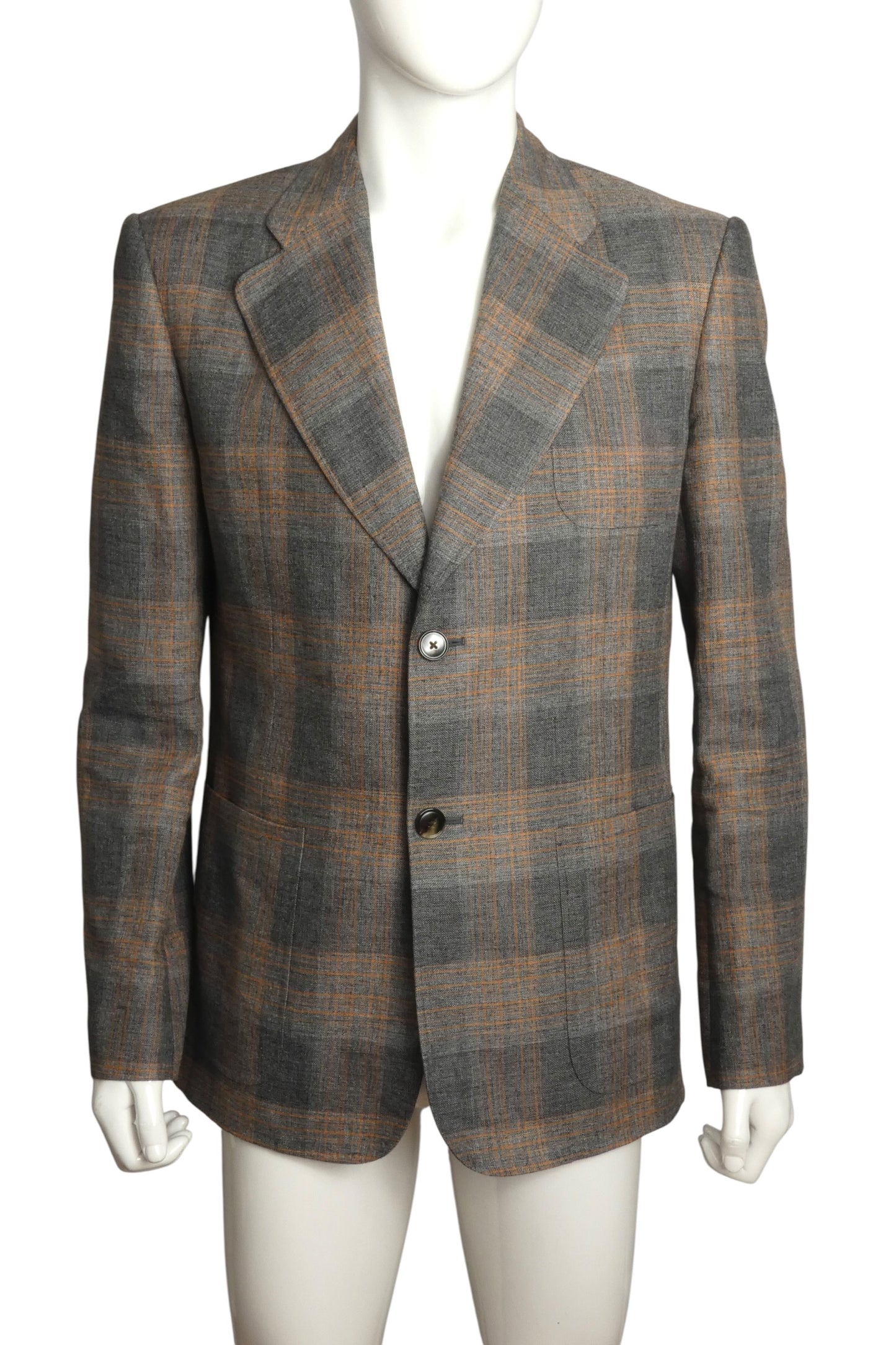 VALENTINO - Grey and Orange Wool Plaid Blazer, Size-XLarge