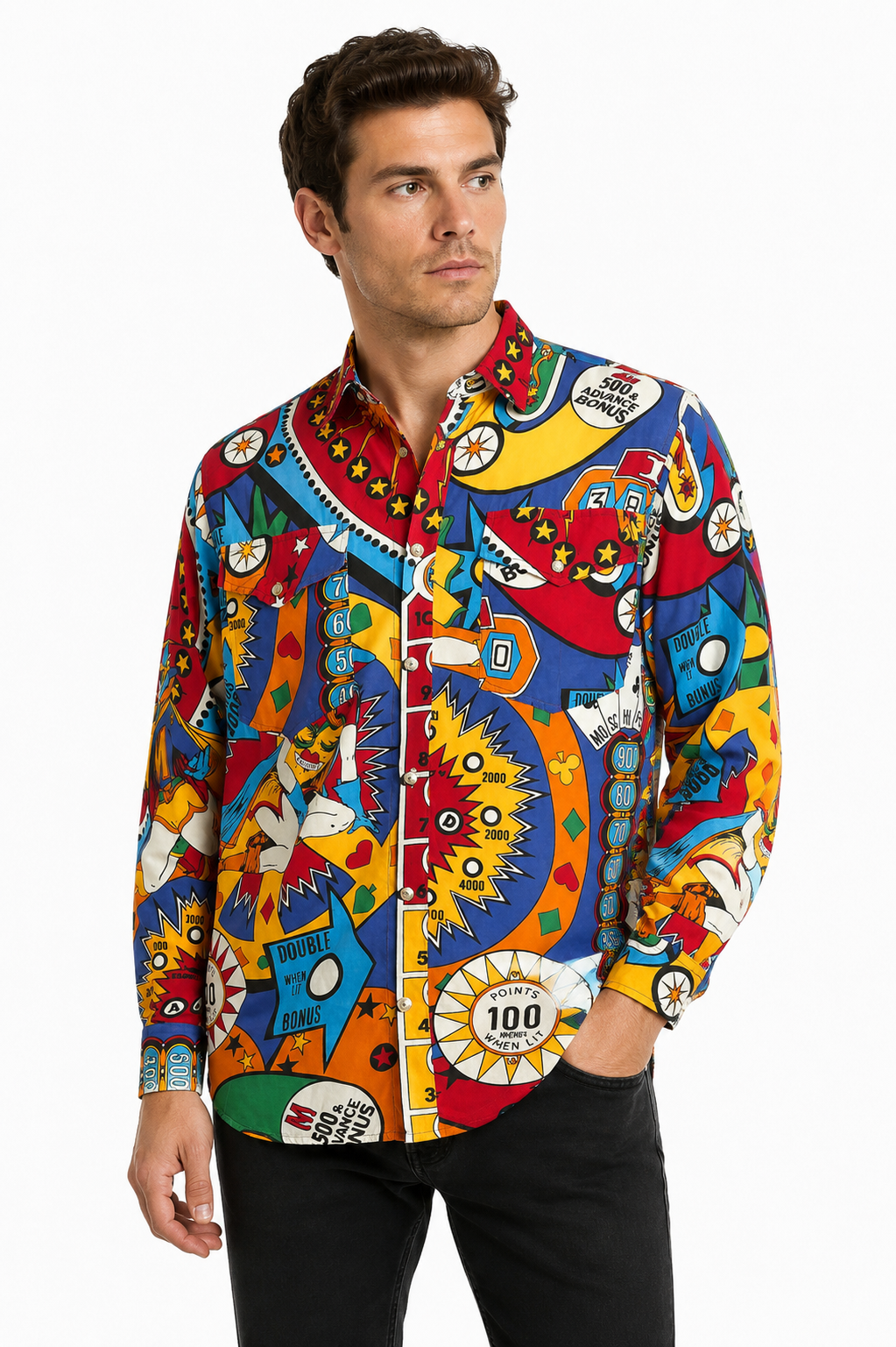 1990s Oversized Rayon Pin Ball Shirt, Size-Small