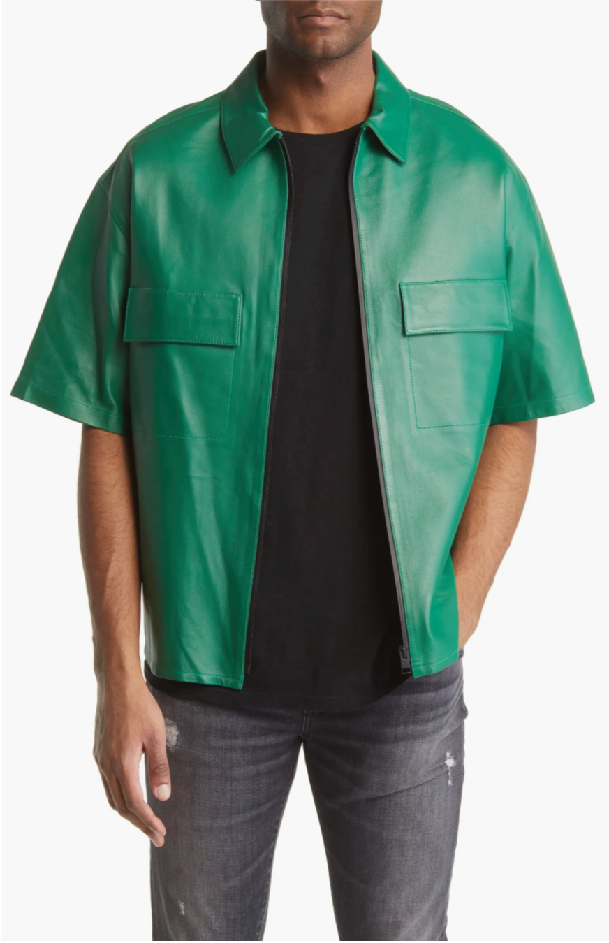 FRAME- NWT Green Leather S/S Shirt, Size Medium