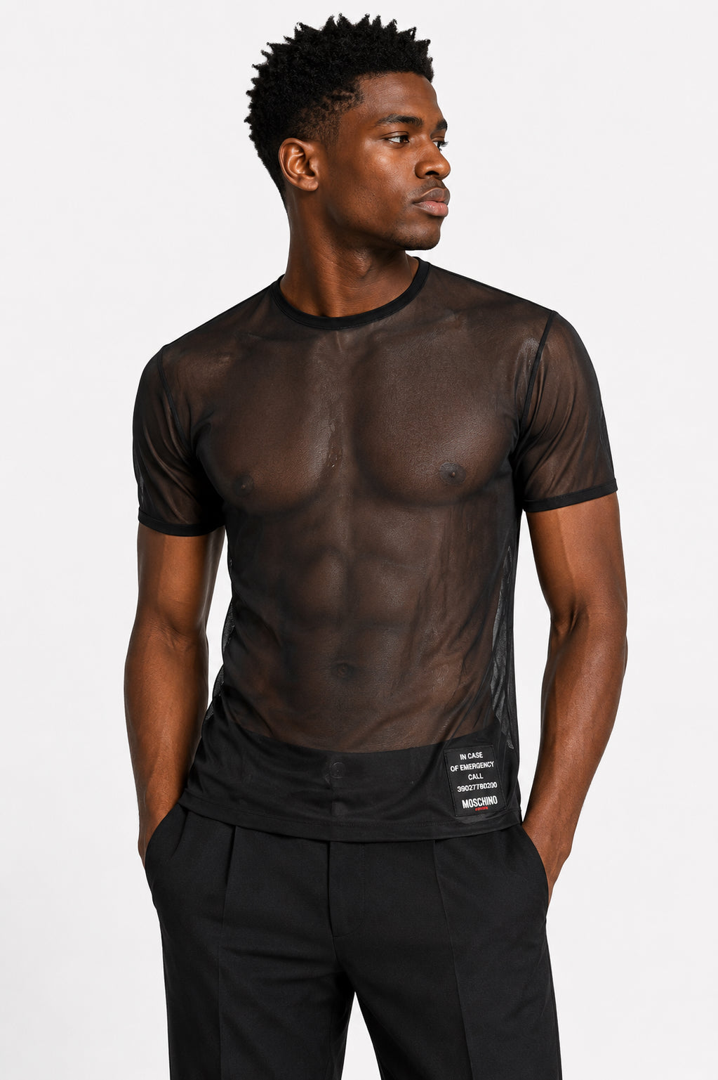 MOSCHINO MARE - 1990s Black Mesh "In Case Of Emergency" T-shirt, Size-Large