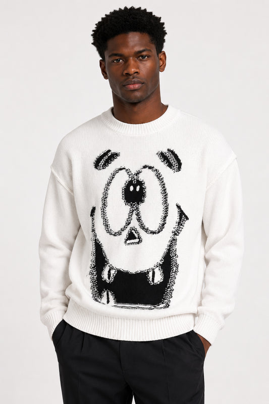 MOSCHINO COUTURE! - 2020 White Pumpkin Face Cotton Sweater, Size-XLarge