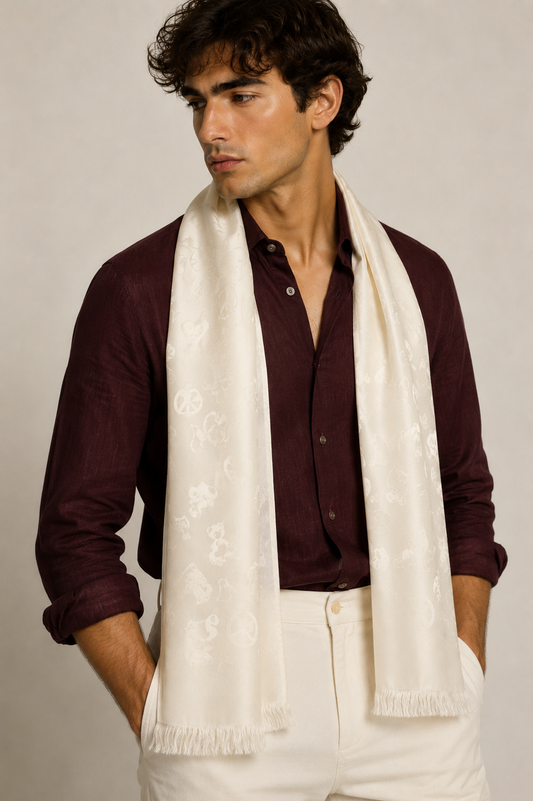 MOSCHINO - 1990s White Silk Jacquard Scarf