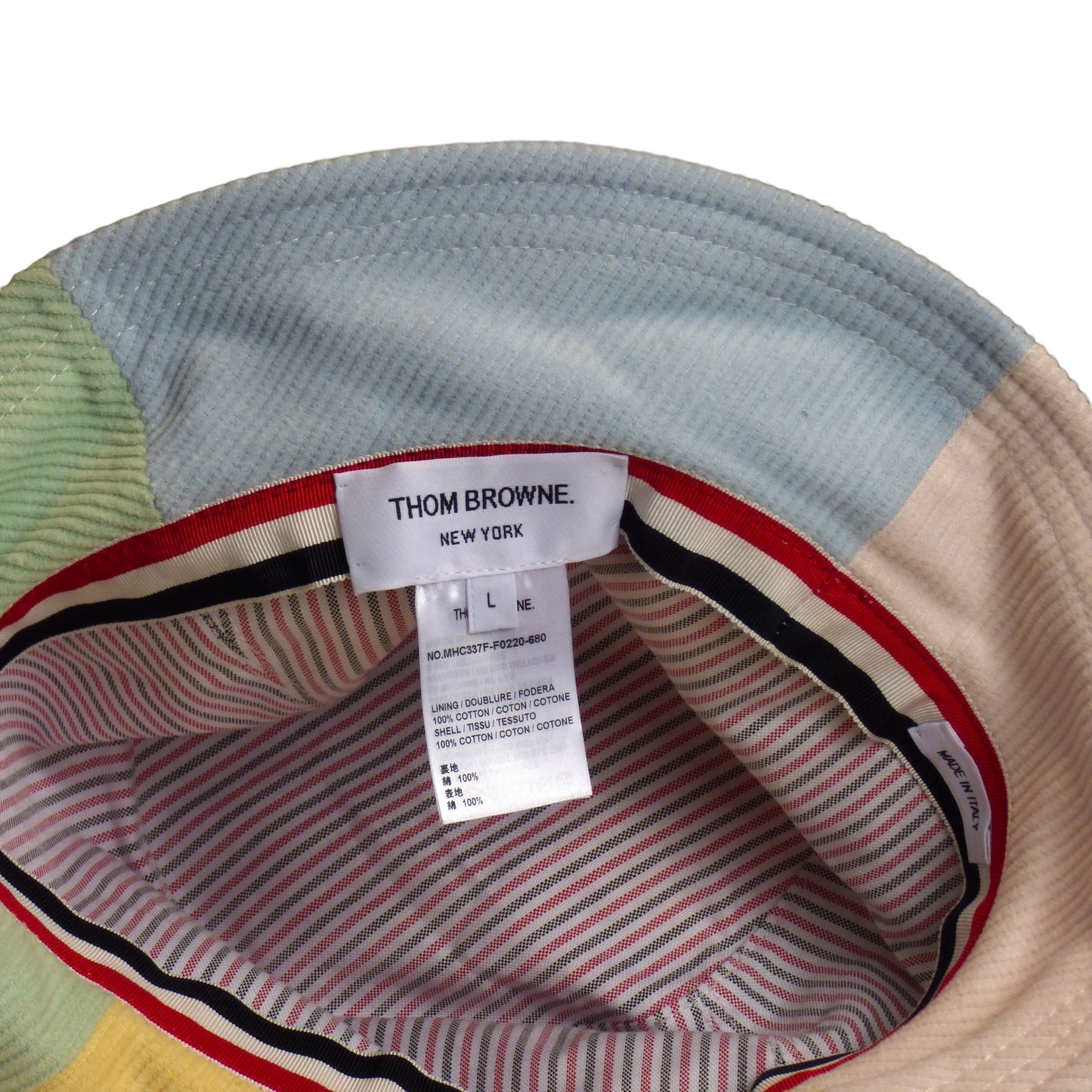 THOM BROWNE- 2023 Logo Patch Corduroy Bucket Hat, Size Large