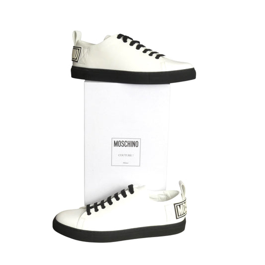 MOSCHINO- White Leather  Low Top Sneakers, Size 45