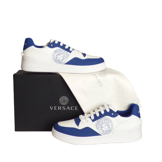 VERSACE-2023 NWT White & Blue Vitello Sneakers, Multiple Sizes