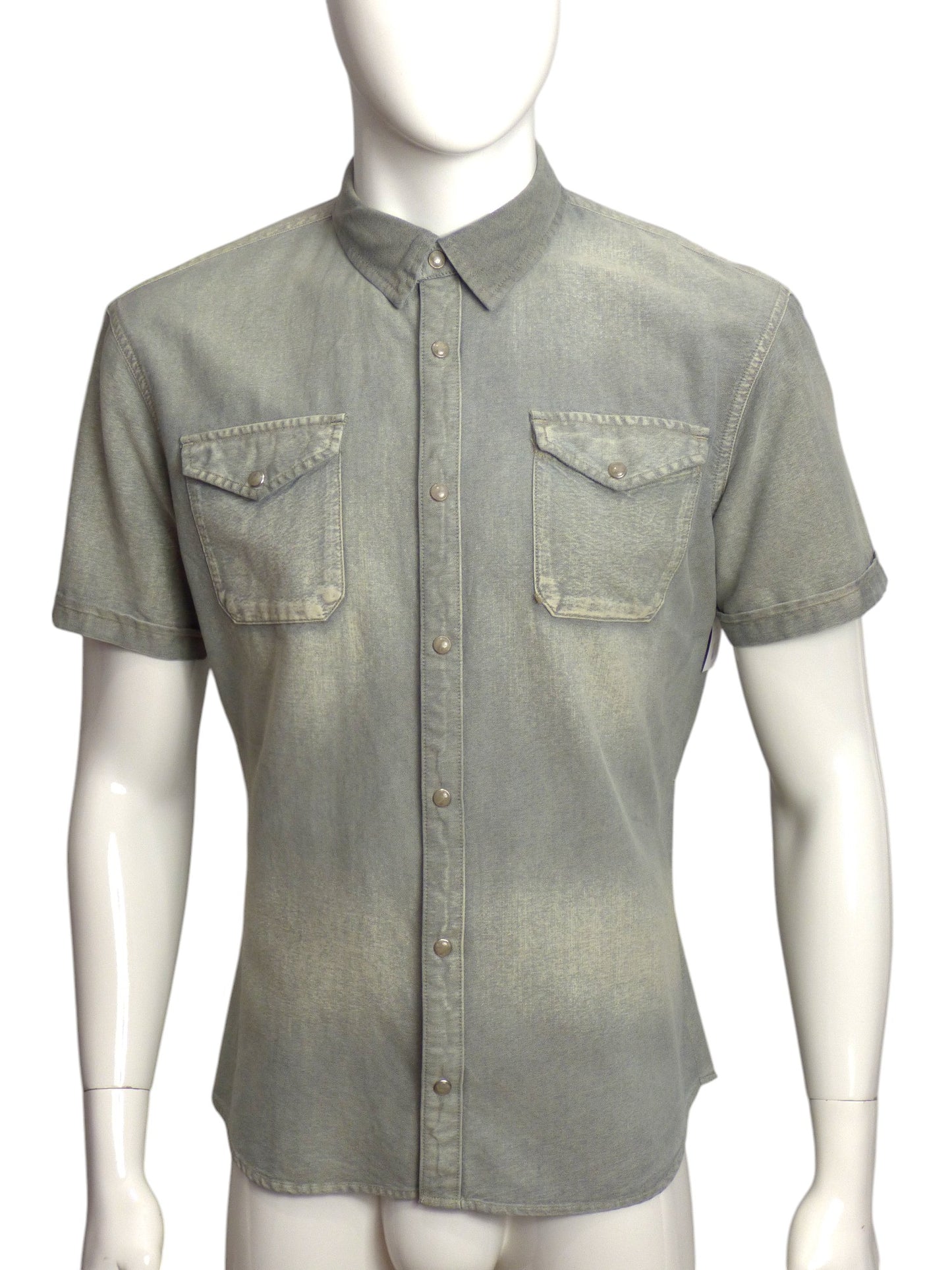 JOHN VARVATOS- Distressed Wash Chambray S/S Shirt, Size Large