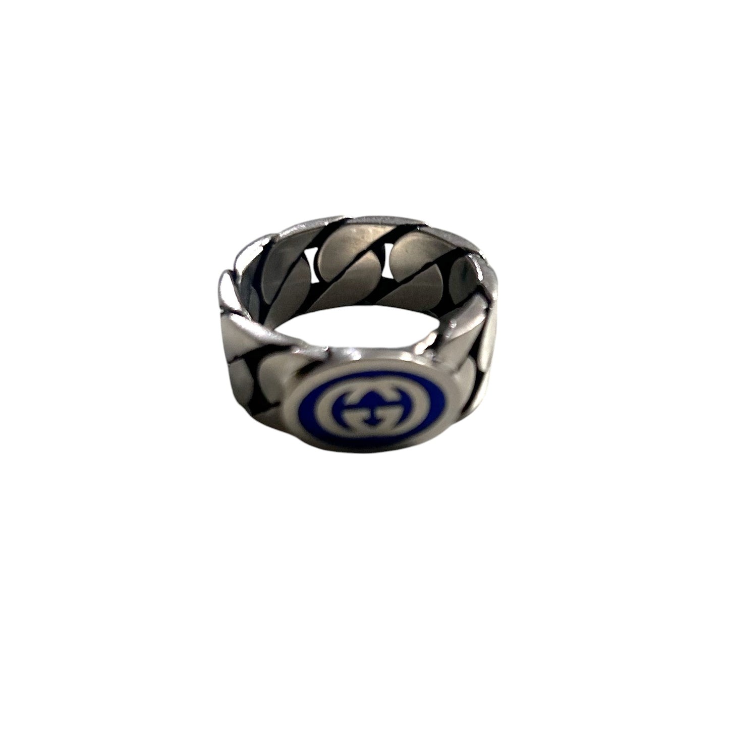 GUCCI- Sterling Silver & Enamel Gourmette Chain Ring, Gucci Size-20