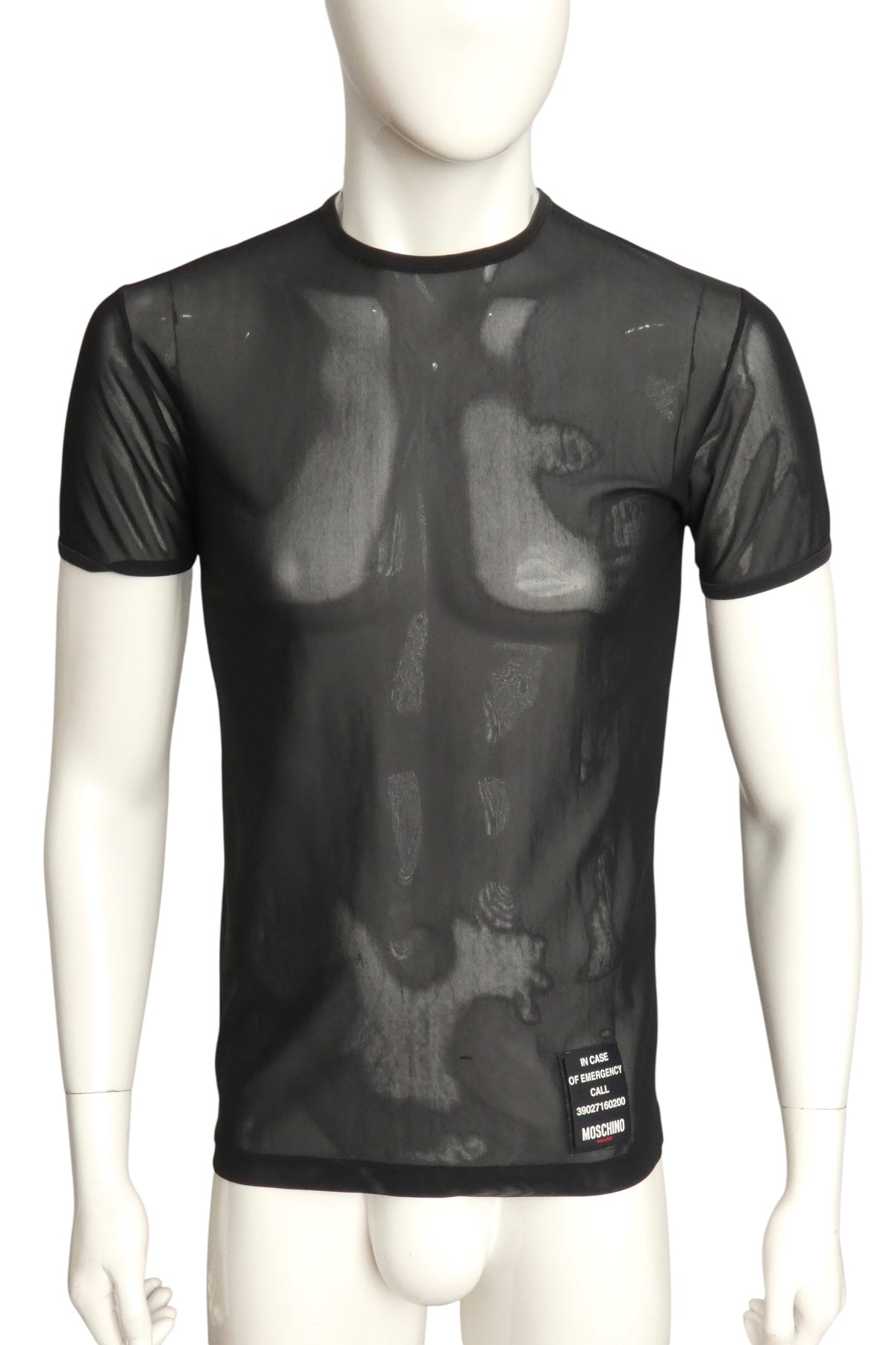 MOSCHINO MARE - 1990s Black Mesh "In Case Of Emergency" T-shirt, Size-Large