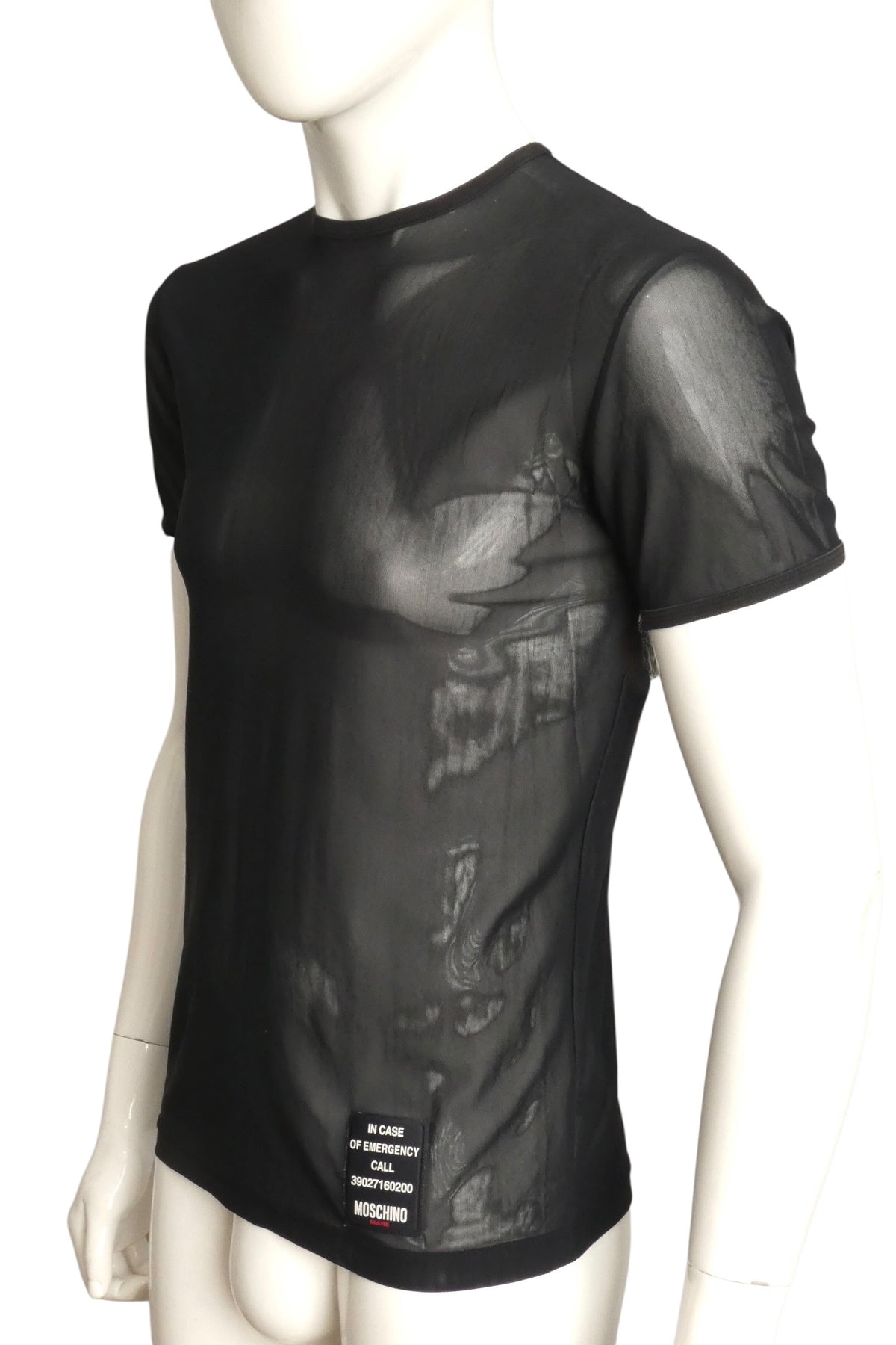 MOSCHINO MARE - 1990s Black Mesh "In Case Of Emergency" T-shirt, Size-Large