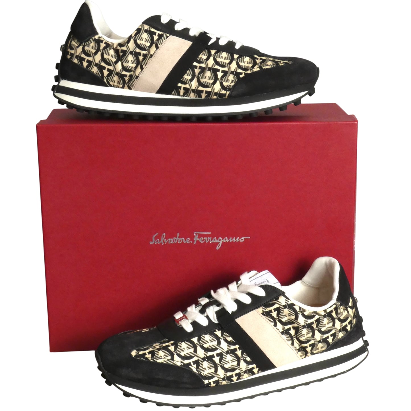 FERRAGAMO- NIB Gancini Nylon & Suede Logo Sneakers, Size 11.5