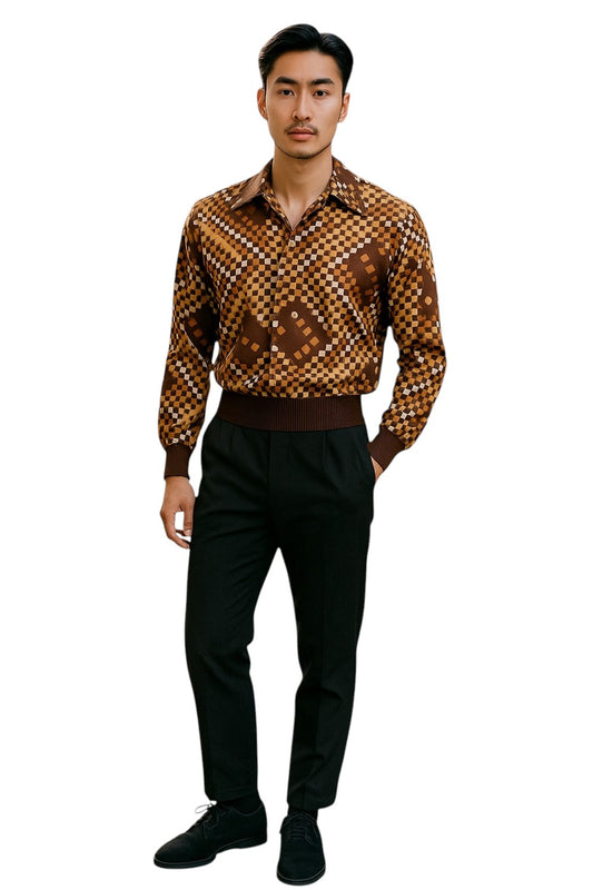 1970s L/S Polyester Knit Bag Shirt, Size Large