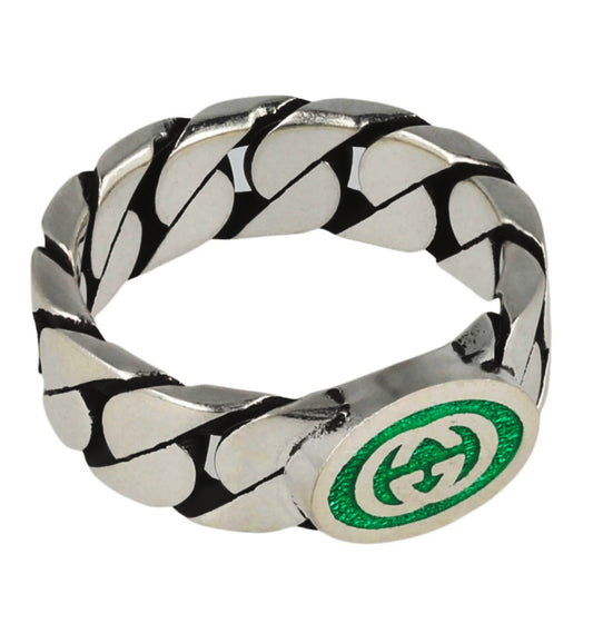 GUCCI- Wide Sterling Silver & Enamel Gourmette Chain Ring, Gucci Size-23