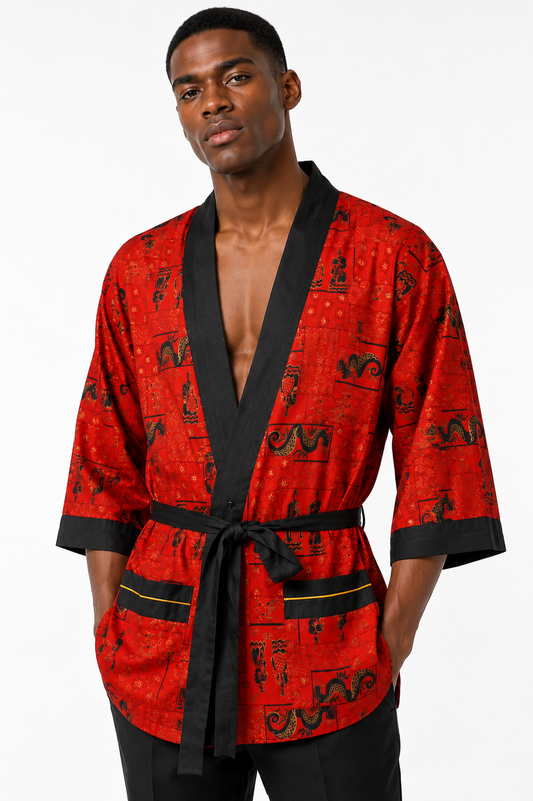 1960s Red Cotton Print Dragon Robe, Size-Medium