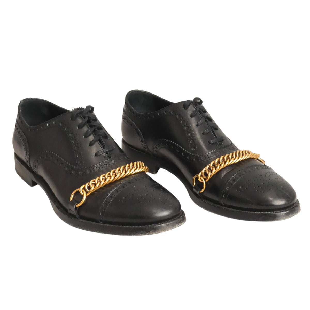 BURBERRY - Black Leather Cap Toe Chain Shoes, Size-43