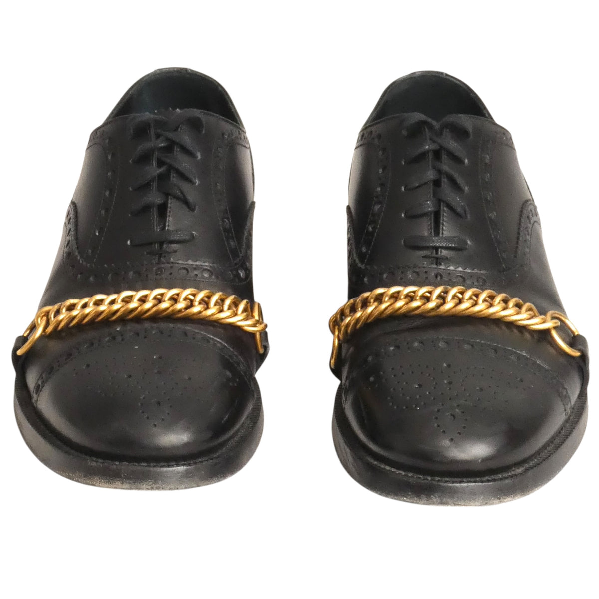 BURBERRY - Black Leather Cap Toe Chain Shoes, Size-43