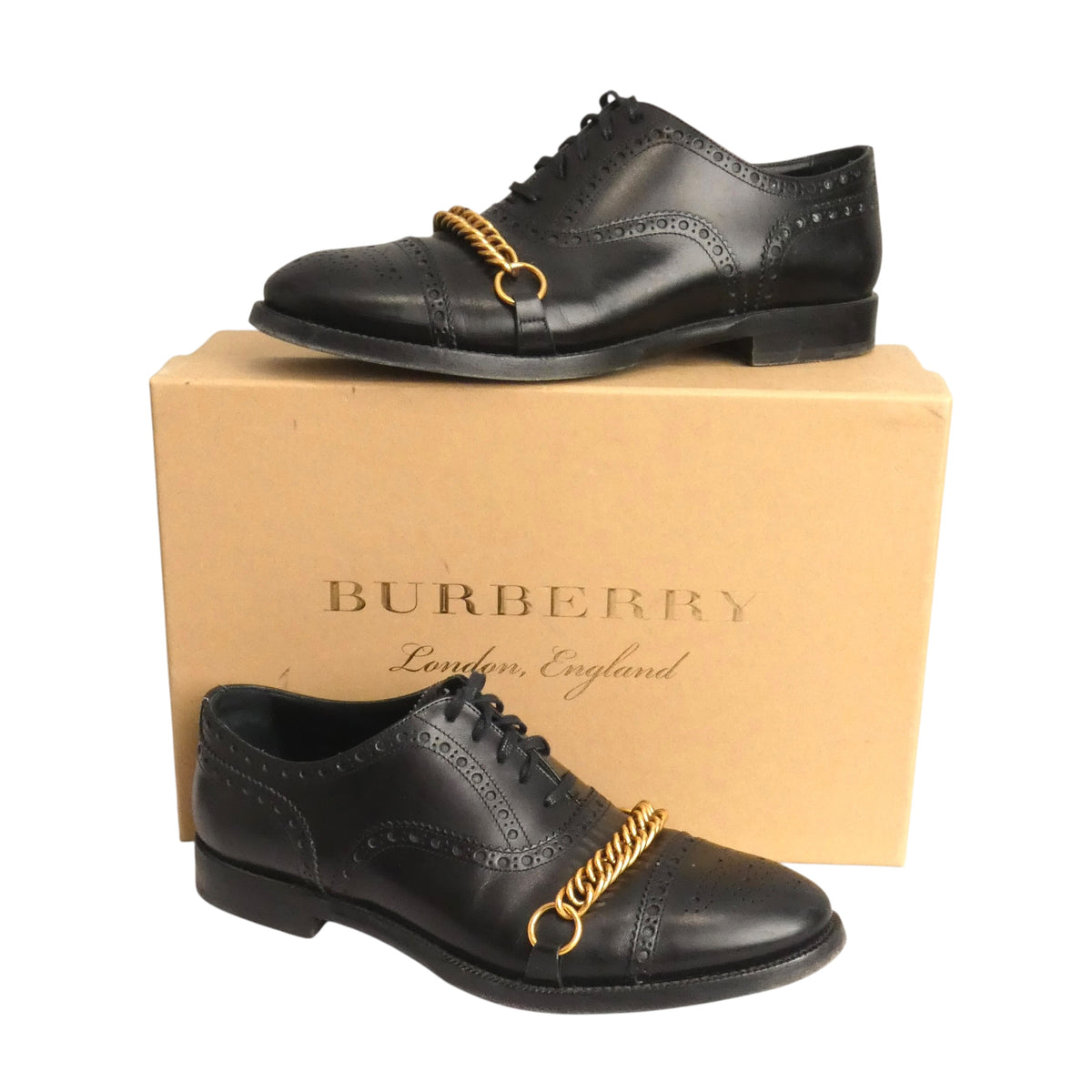 BURBERRY - Black Leather Cap Toe Chain Shoes, Size-43