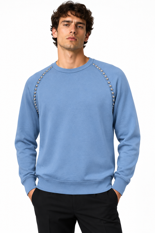 BURBERRY PRORSUM - Blue Cotton Studded Sweatshirt, Size-Large