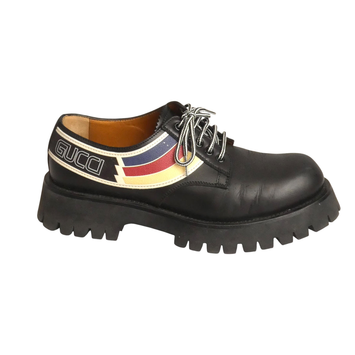 GUCCI - Black Striped Leather Brogues, Size-UK 8.5