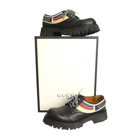 GUCCI - Black Striped Leather Brogues, Size-UK 8.5
