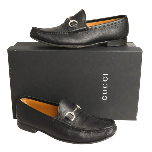 GUCCI - Black Leather Horsebit Loafers, Size-UK 9