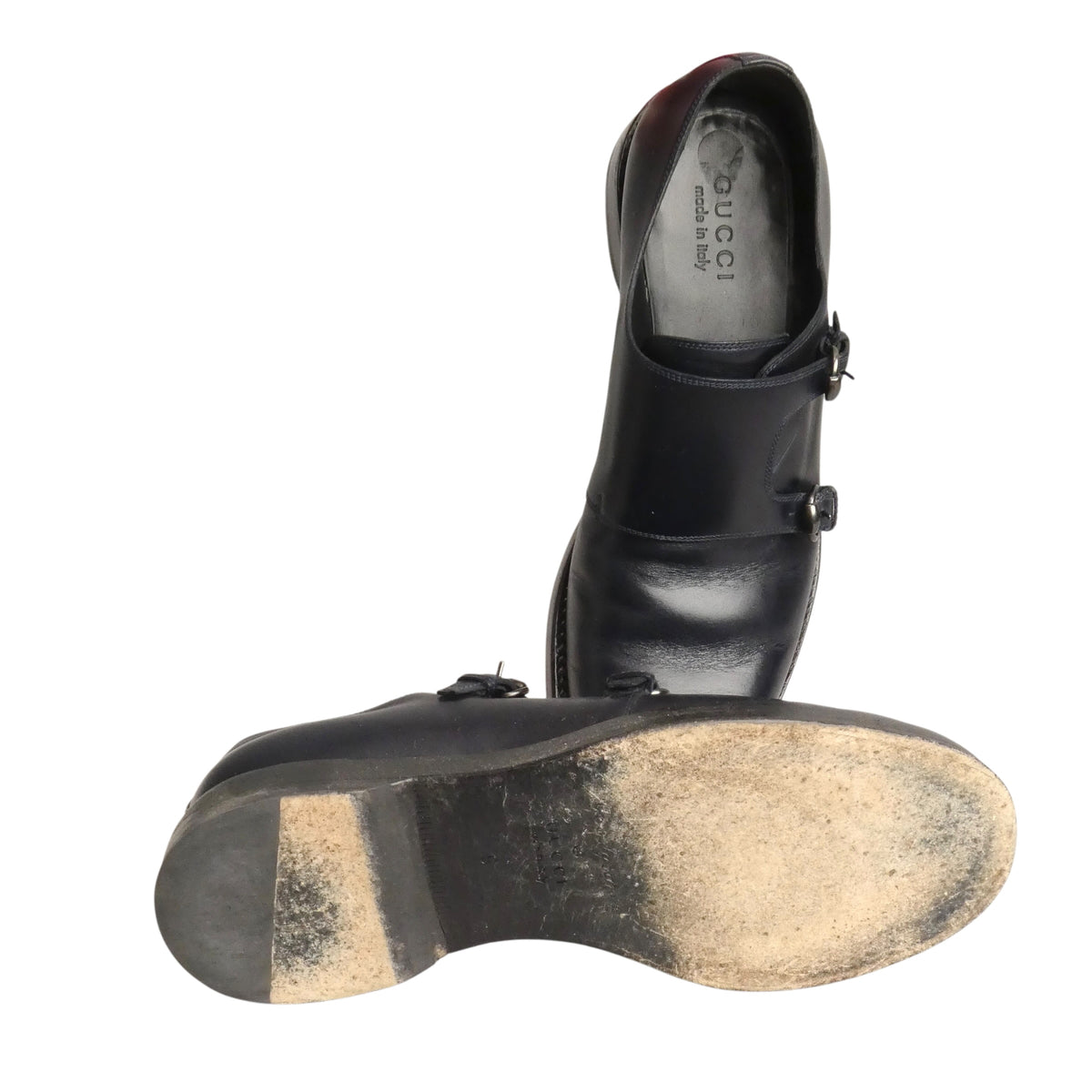GUCCI - Navy Leather Monk Strap Shoes, Size-UK 9