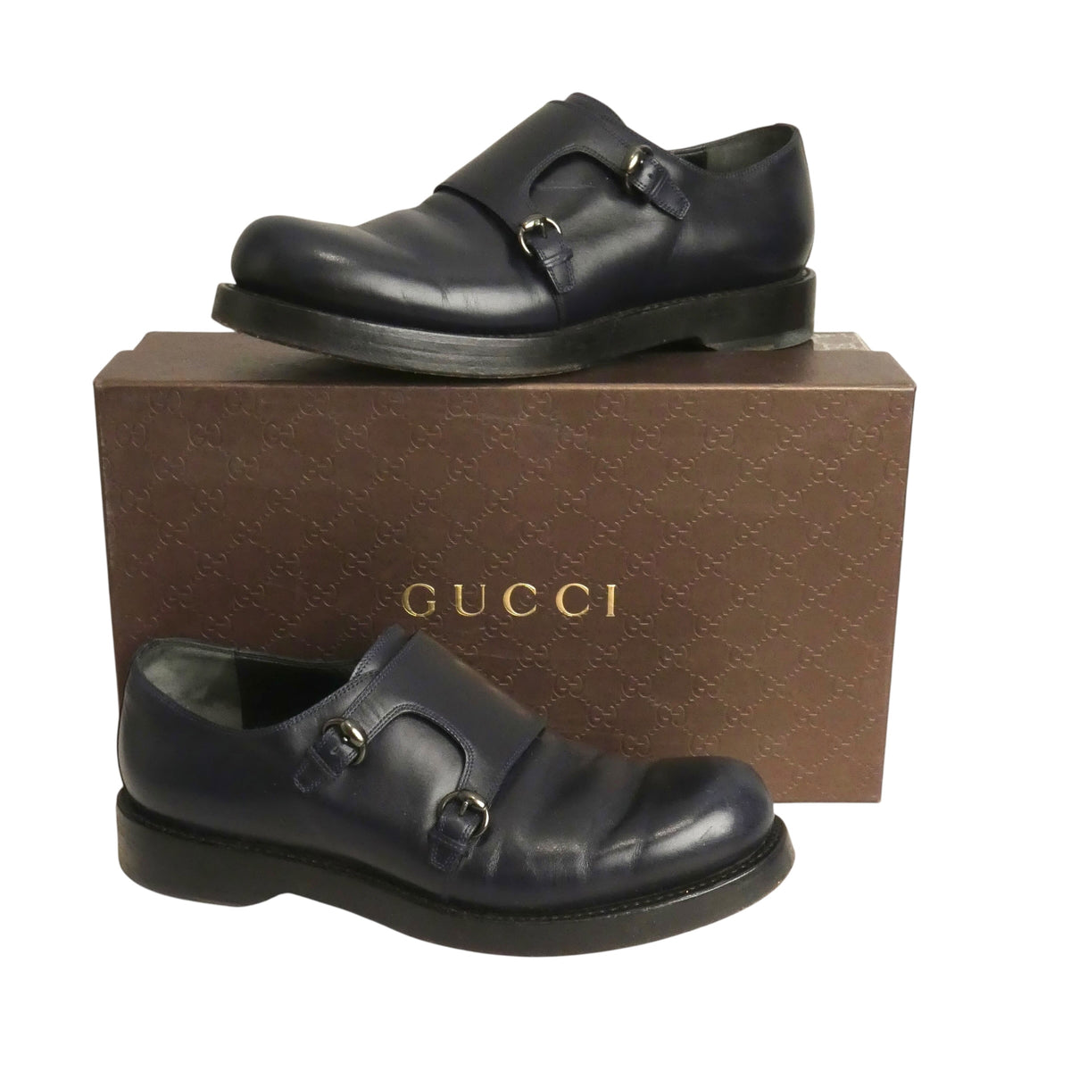 GUCCI - Navy Leather Monk Strap Shoes, Size-UK 9