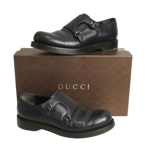 GUCCI - Navy Leather Monk Strap Shoes, Size-UK 9
