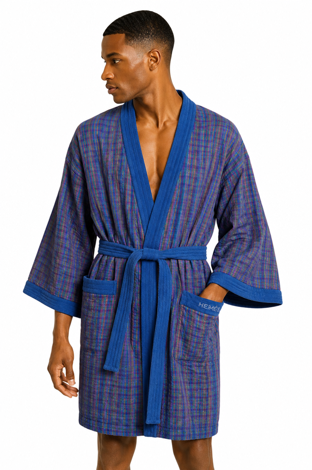 HERMES - 1980s Plaid Terry Cloth Robe, Size-Large