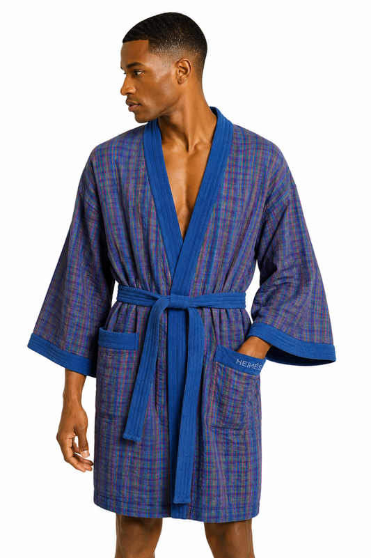 HERMES - 1980s Plaid Terry Cloth Robe, Size-Large