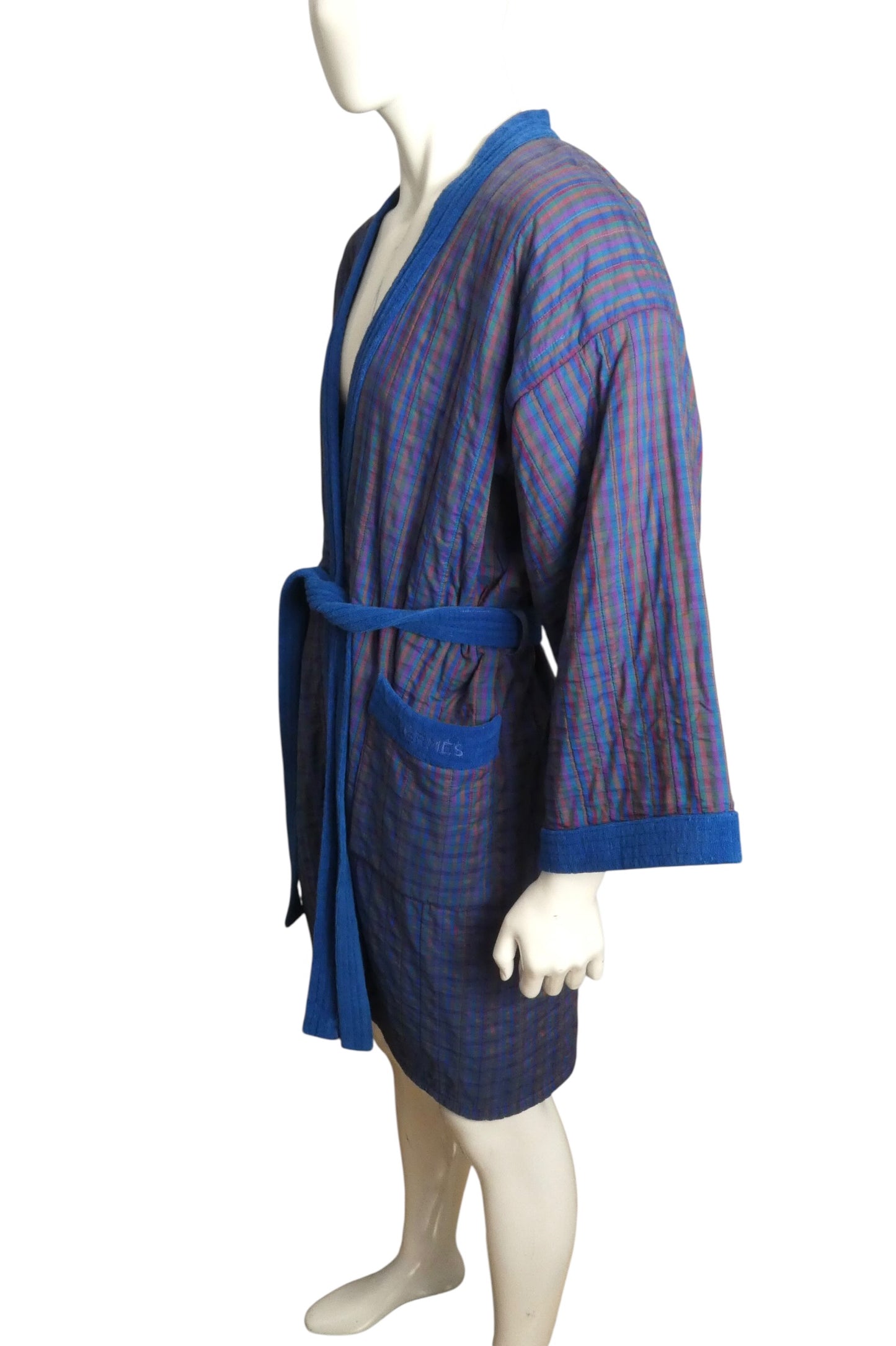 HERMES - 1980s Plaid Terry Cloth Robe, Size-Large