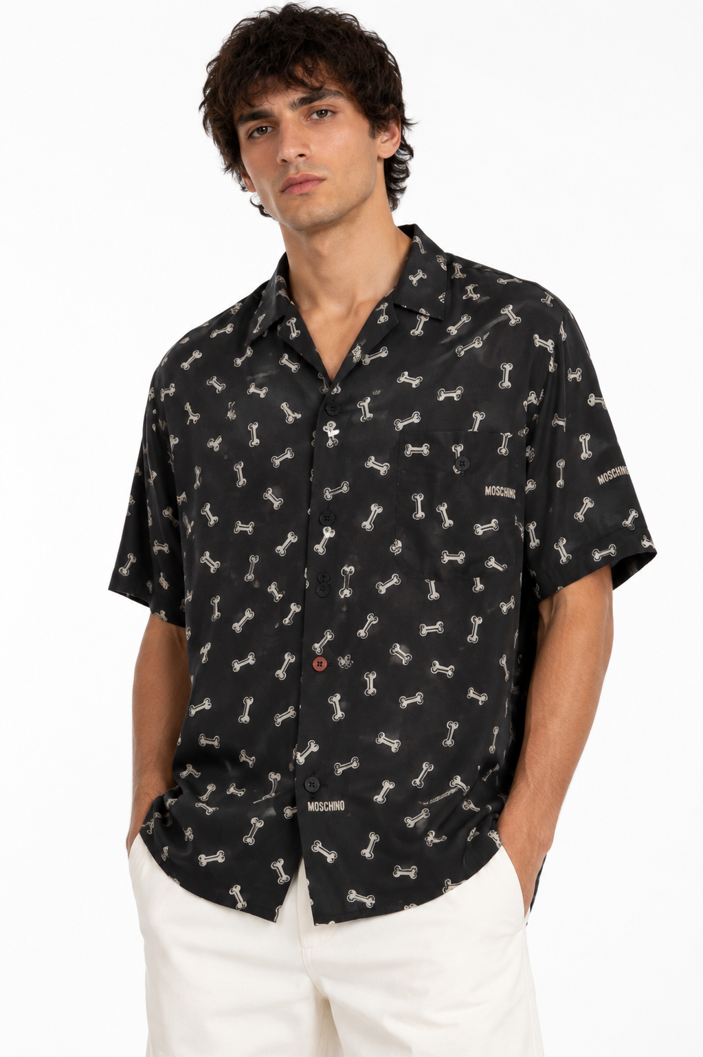 MOSCHINO JEANS - 1990s Bone Print Rayon Shirt, Size-Large