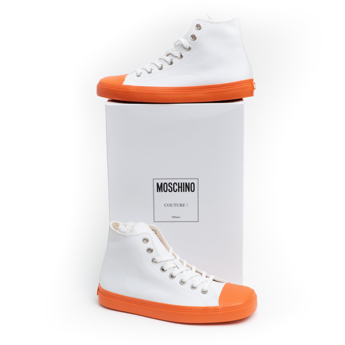 MOSCHINO COUTURE! - Canvas High Top Sneakers, White & Orange, Multiple Sizes Available