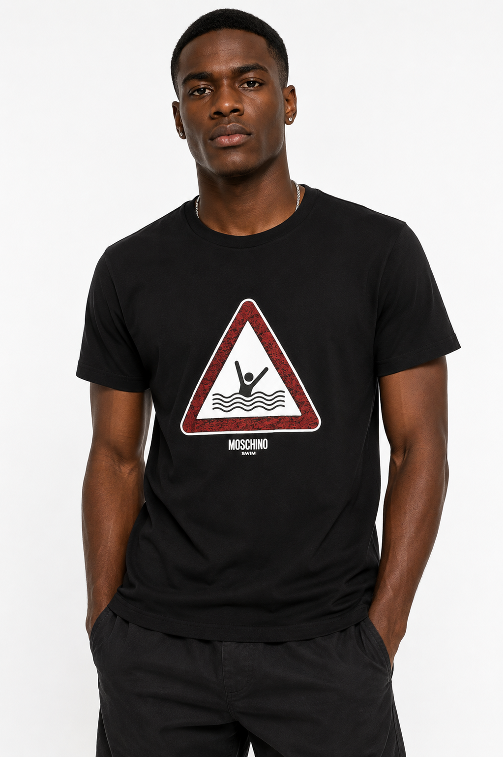 MOSCHINO SWIM - Black Cotton Yield Swim T-Shirt, Size-X-Large