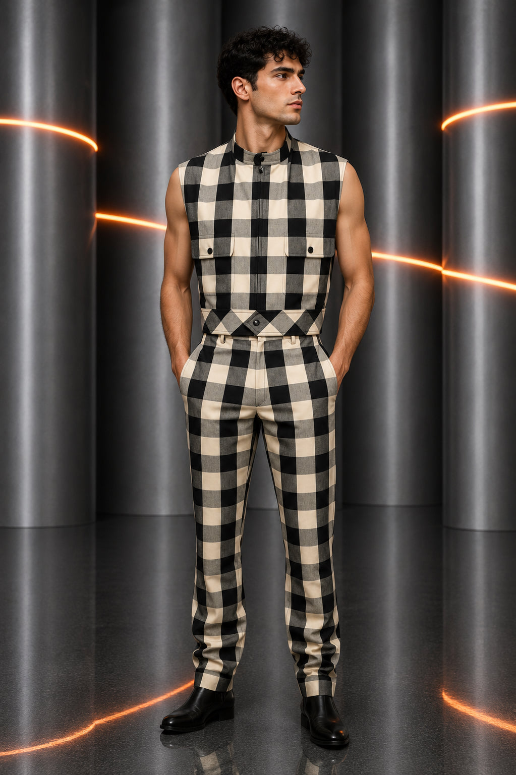 PIERRE CARDIN - 2003 Cotton Check Pant & Vest Ensemble, Size-Large