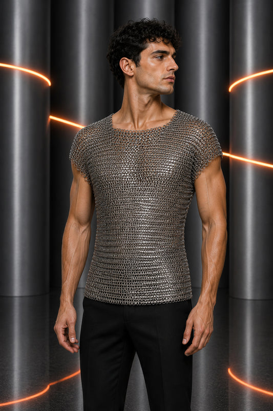 PIERRE CARDIN - 2000 Silver Chain Mail Pullover Shirt, Size-Large