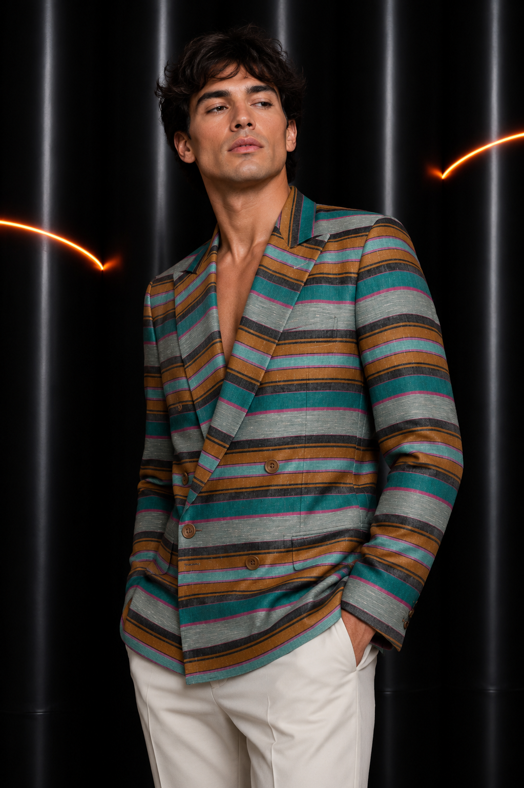 PIERRE CARDIN - 2002 Teal Striped Linen Blazer, Size-Medium