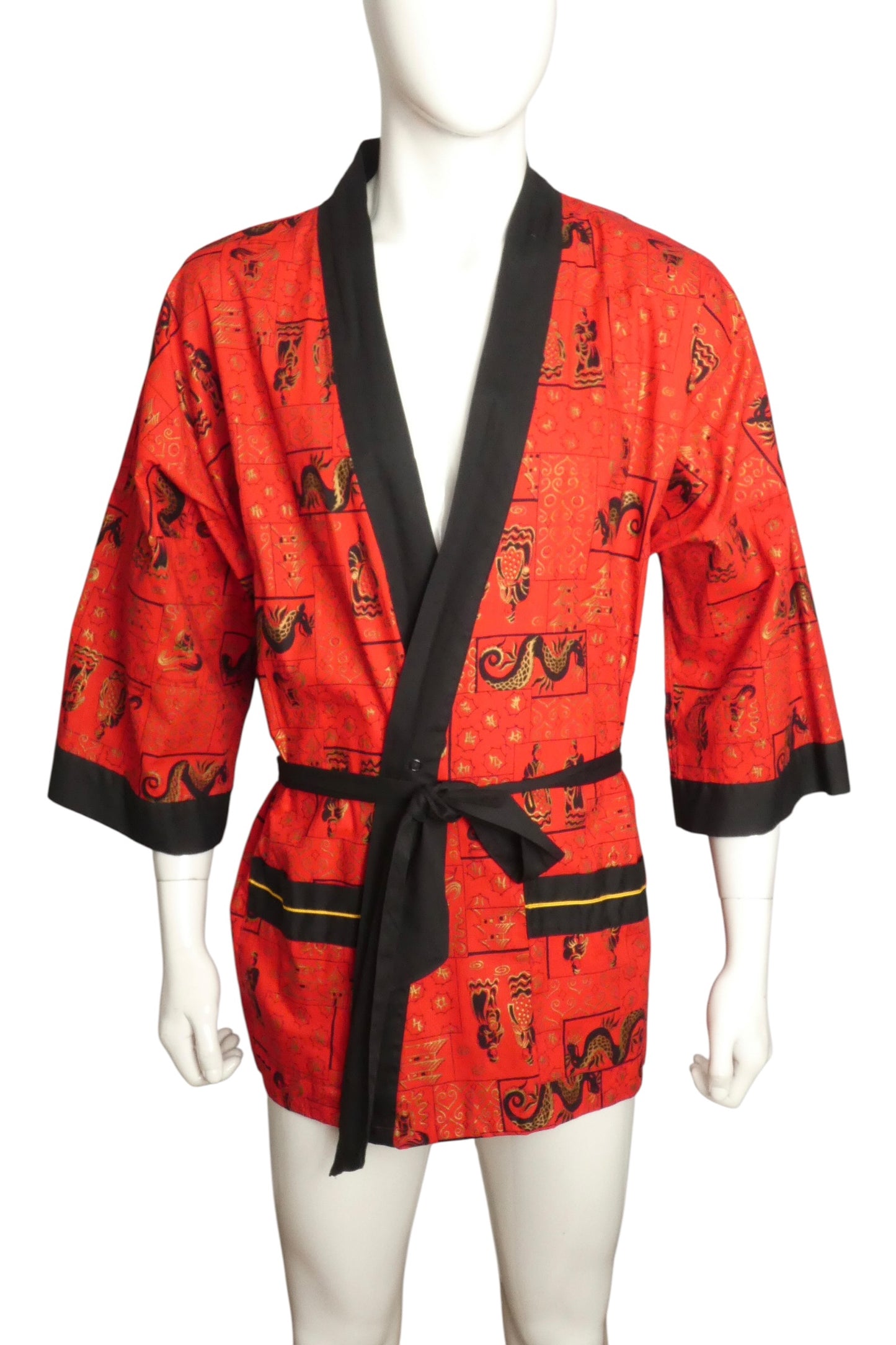 1960s Red Cotton Print Dragon Robe, Size-Medium