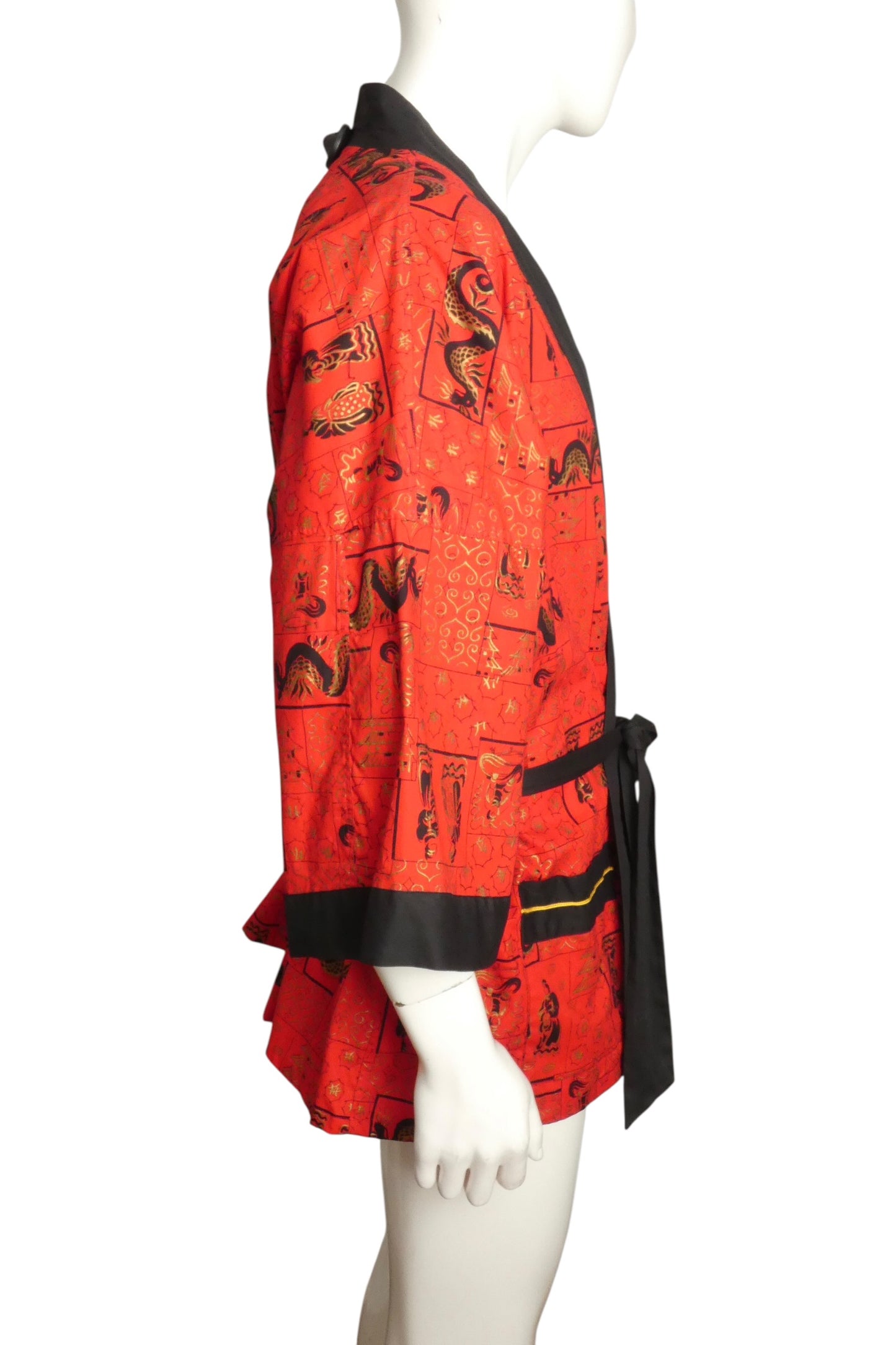 1960s Red Cotton Print Dragon Robe, Size-Medium