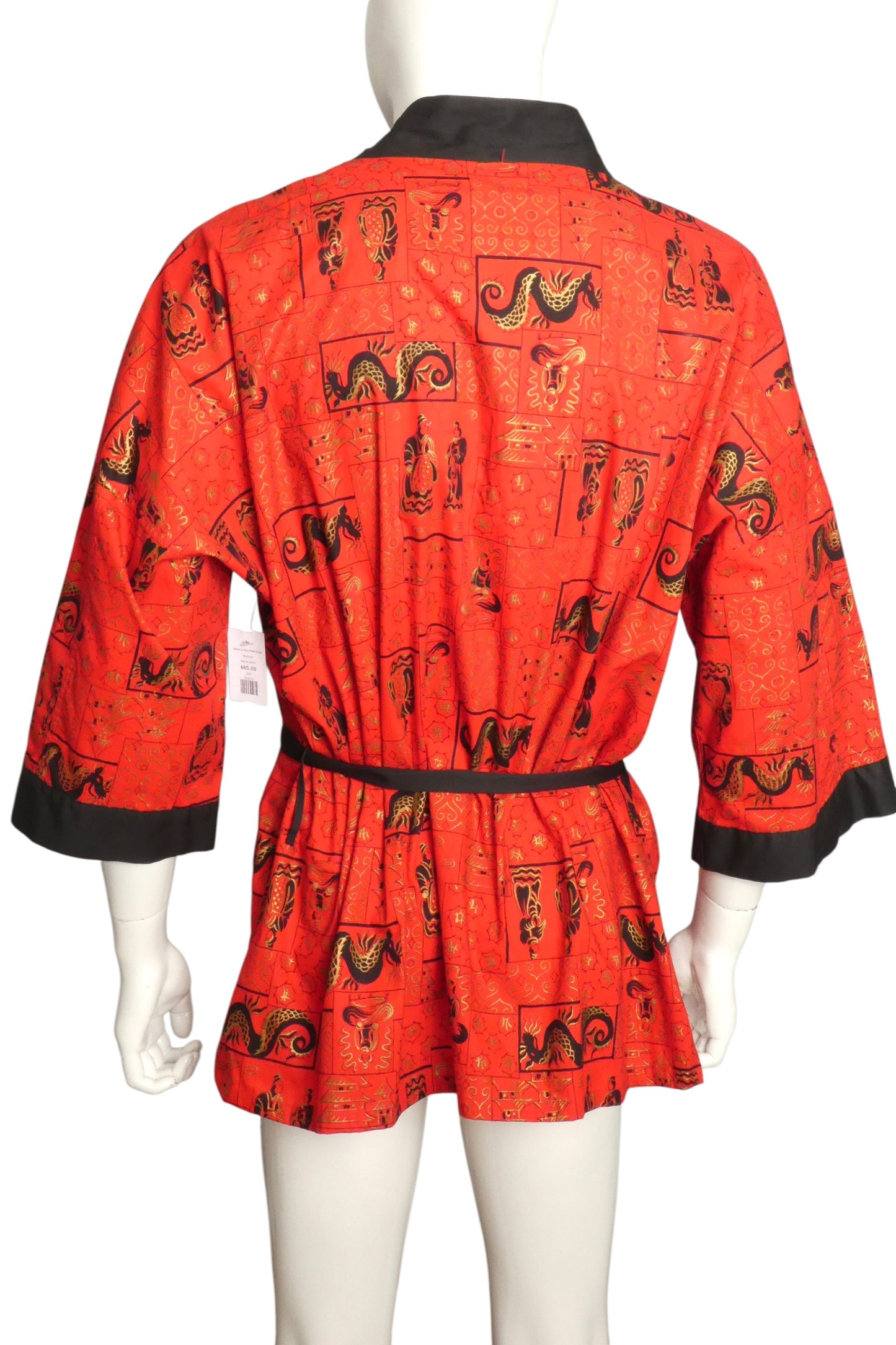 1960s Red Cotton Print Dragon Robe, Size-Medium