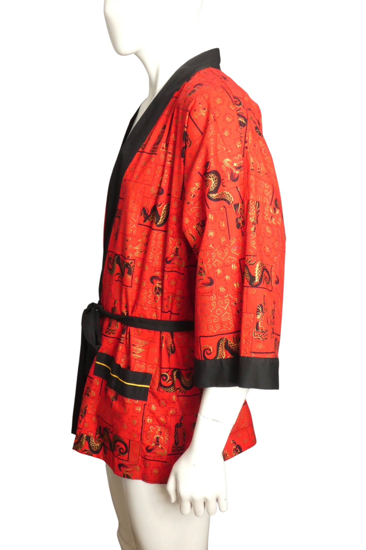 1960s Red Cotton Print Dragon Robe, Size-Medium