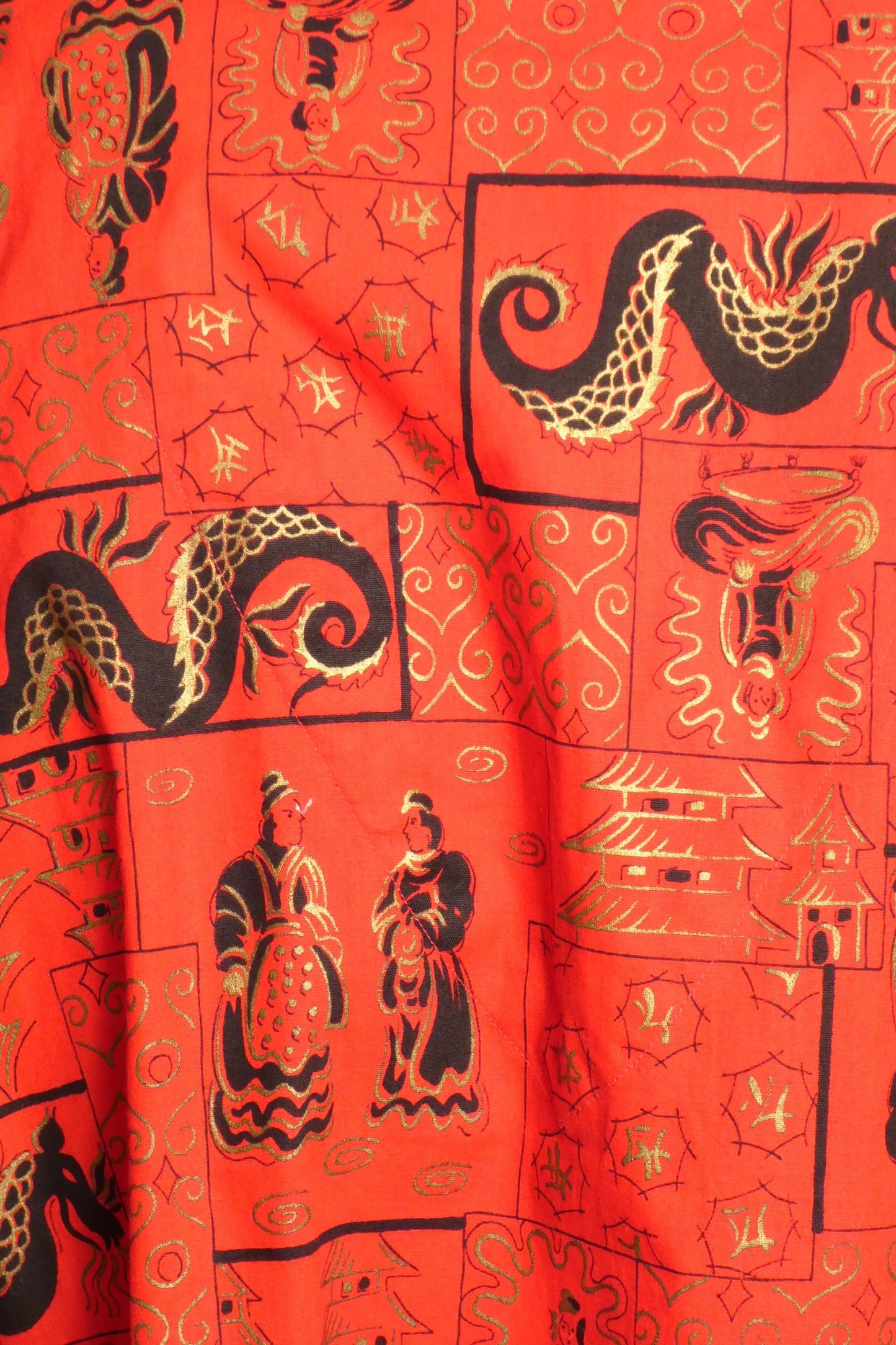 1960s Red Cotton Print Dragon Robe, Size-Medium
