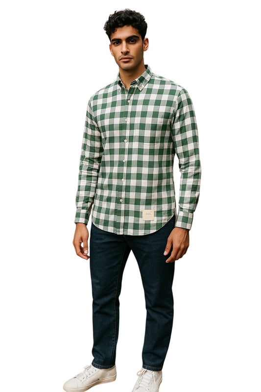 THOM BROWNE- Green Cotton Plaid L/S Oxford, Size Medium